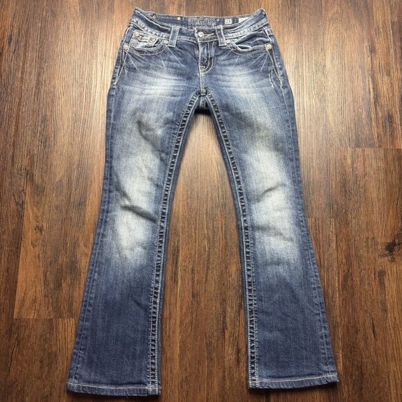 Miss Me Boot Jeans Rhinestones Studded Distressed Medium Wash Size 25 - Picture 1 of 12